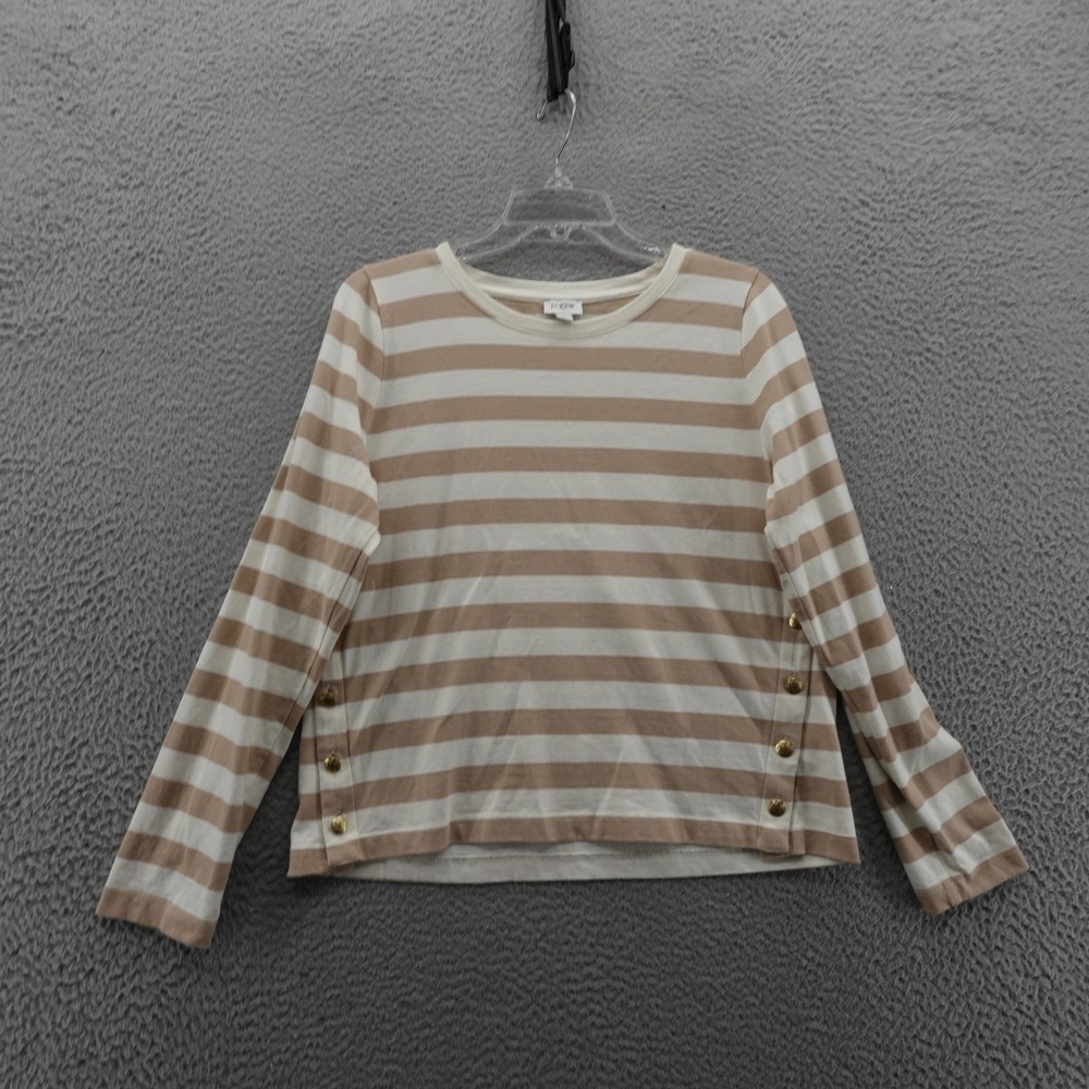 J Crew Button Side Stripe Top Medium Tan White Cotton Long Sleeve Womens Tee